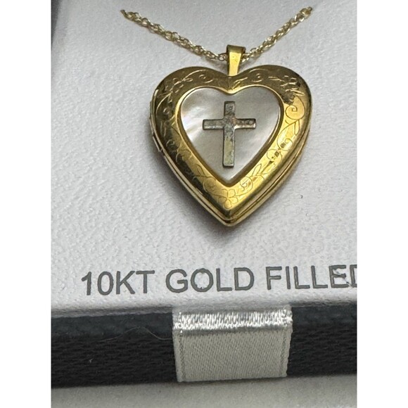 10K Gold Filled Heart Locket Necklace – Mother of Pearl Inlay Cross – 18” Chain - Picture 1 of 6